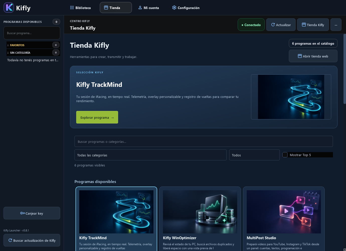 Kifly Launcher store with featured apps, search and program cards